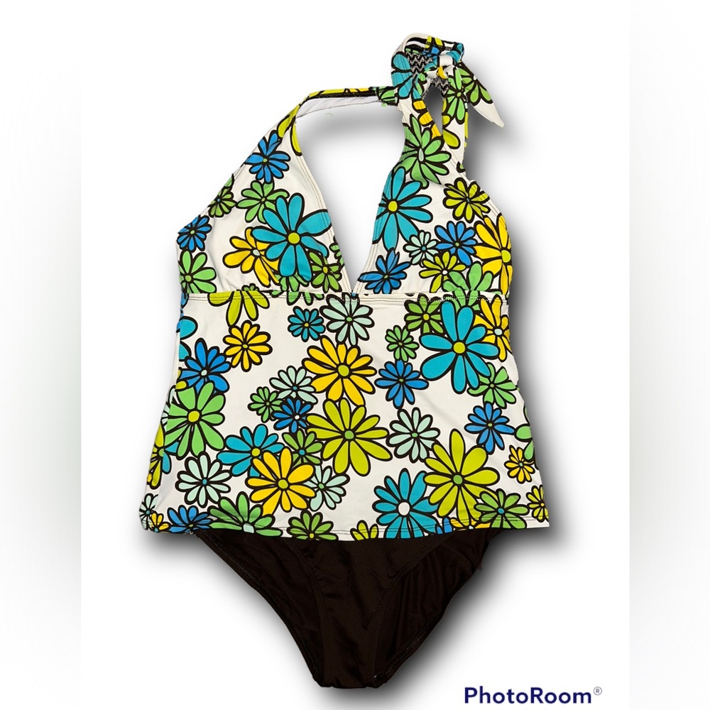 La Blanca • Tankini Set, Big Bright Flowers, Halter Top, Bikini Bottom, Size 14